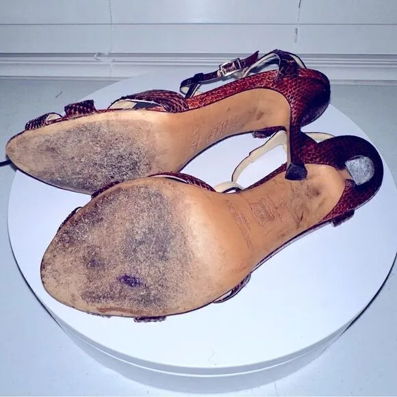 Jimmy Choo Snake Print Leather Heeled Sandals Size 7.5 (37.5) Brown