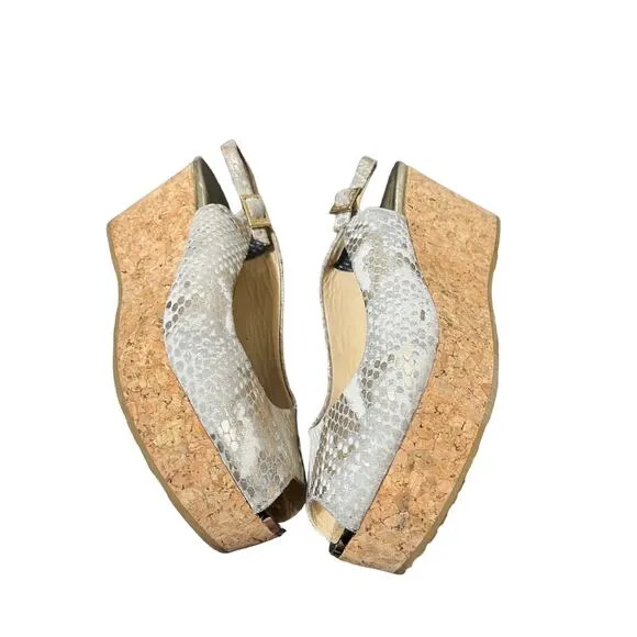 Jimmy Choo Snake Printed Leather Cork Wedge Sandals Heels Size 39.5 US‎ 9.5