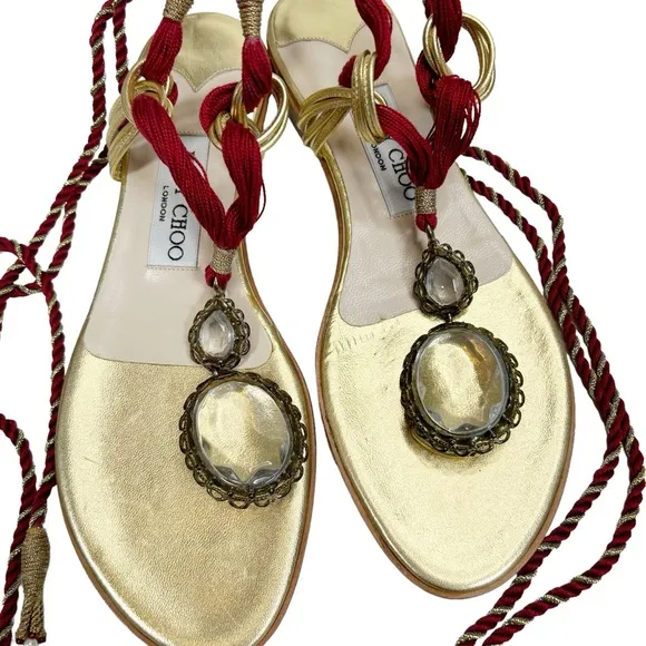 JIMMY CHOO Thong Gladiator Sandals Egyptian Gold Nappa Leather