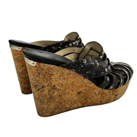 Jimmy Choo Women’s Snakeskin Embossed Leather and Cork Slide Wedge Sandals