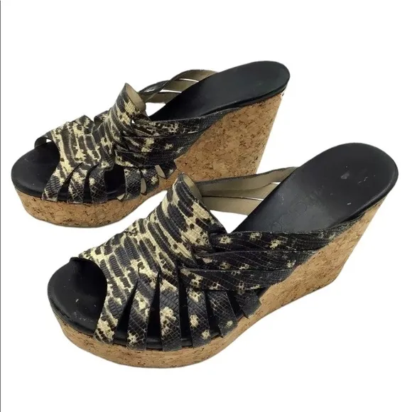 Jimmy Choo Women’s Snakeskin Embossed Leather and Cork Slide Wedge Sandals