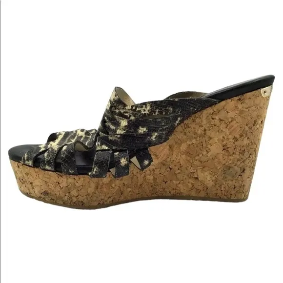Jimmy Choo Women’s Snakeskin Embossed Leather and Cork Slide Wedge Sandals