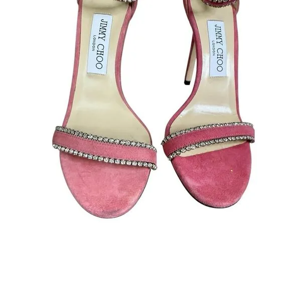 Jimmy Choo Dochas 100 Pink Suede Crystal Ankle Strap Sandals – Size 7 US ✨💖