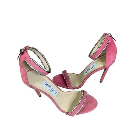 Jimmy Choo Dochas 100 Pink Suede Crystal Ankle Strap Sandals – Size 7 US ✨💖