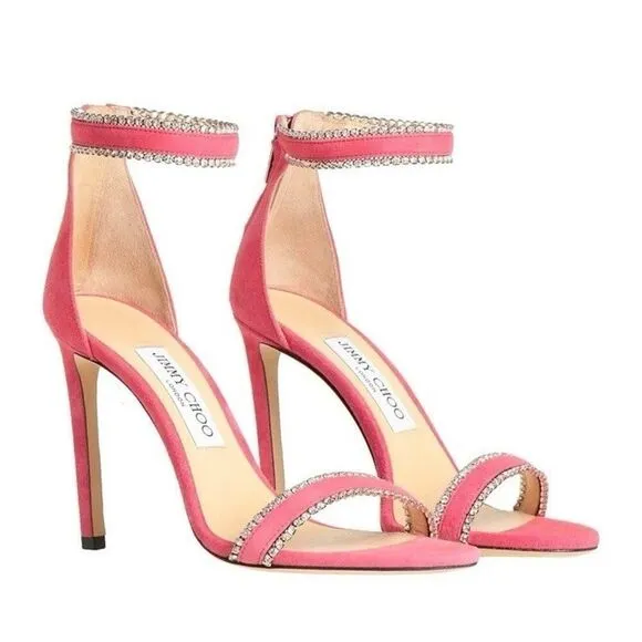 Jimmy Choo Dochas 100 Pink Suede Crystal Ankle Strap Sandals – Size 7 US ✨💖