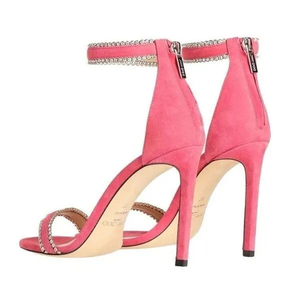 Jimmy Choo Dochas 100 Pink Suede Crystal Ankle Strap Sandals – Size 7 US ✨💖