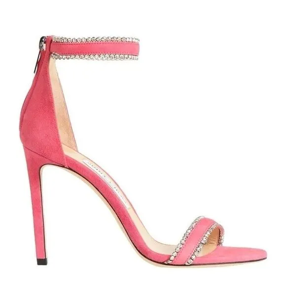 Jimmy Choo Dochas 100 Pink Suede Crystal Ankle Strap Sandals – Size 7 US ✨💖