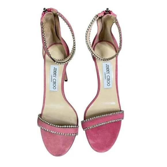 Jimmy Choo Dochas 100 Pink Suede Crystal Ankle Strap Sandals – Size 7 US ✨💖