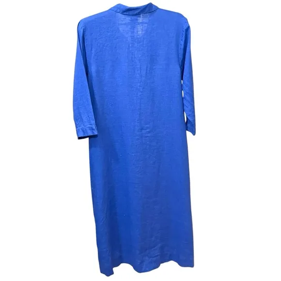 J.Jill Love Linen Amalfi Blue Shirt Dress L 100% Linen Button Front Midi
