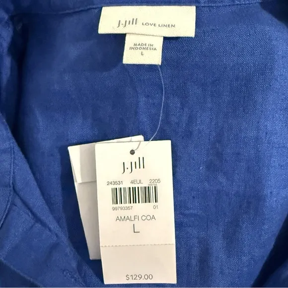 J.Jill Love Linen Amalfi Blue Shirt Dress L 100% Linen Button Front Midi
