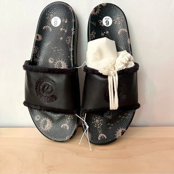 Johnny Was Calme black leather astrology fur lined slip on slide sandals size 9
