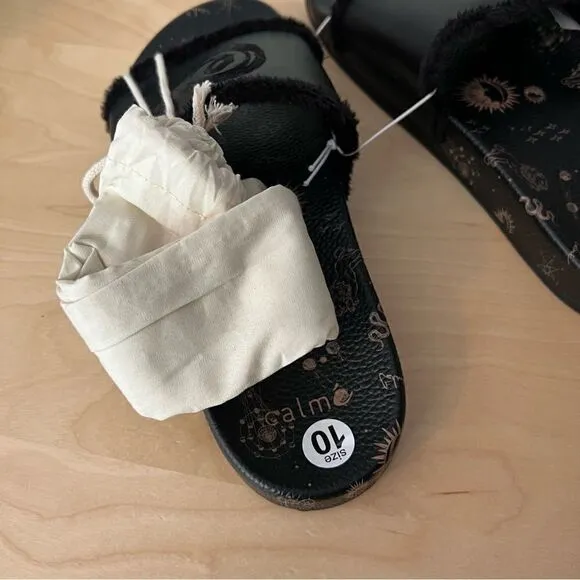 Johnny Was Calme black leather astrology fur lined slip on slide sandals size 9