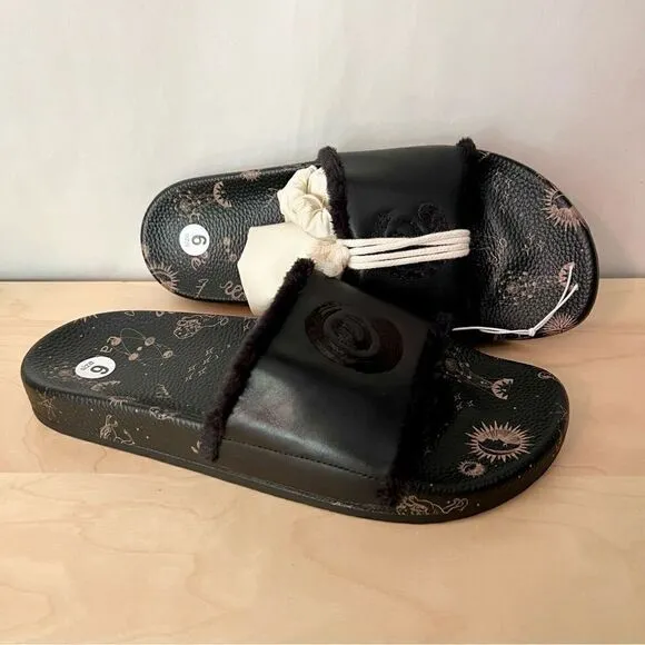 Johnny Was Calme black leather astrology fur lined slip on slide sandals size 9