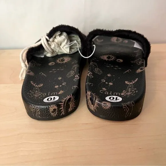 Johnny Was Calme black leather astrology fur lined slip on slide sandals size 9
