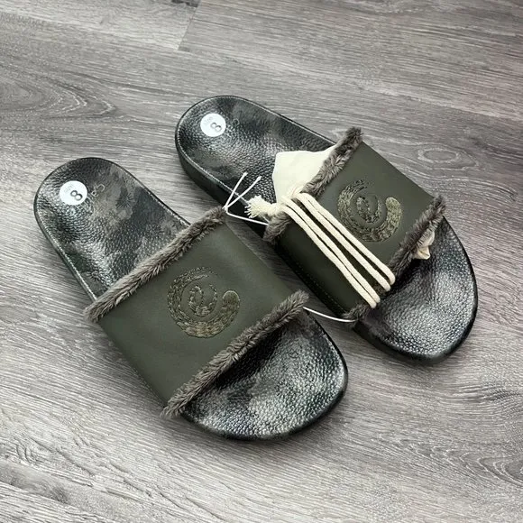 Johnny Was Calme Camo Print Green Slide Pool Sandals Size 8 Women's New Faux Fur