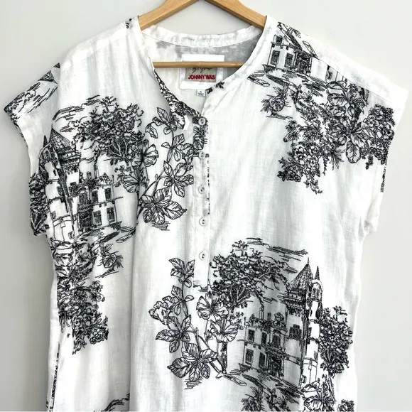 JOHNNY WAS Hollies House Black White Linen Embroidery  Sleeveless Dress Sz XL