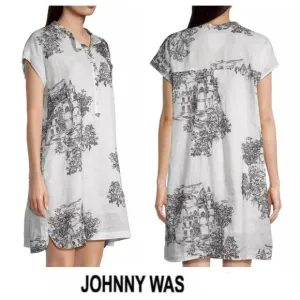 JOHNNY WAS Hollies House Black White Linen Embroidery  Sleeveless Dress Sz XL