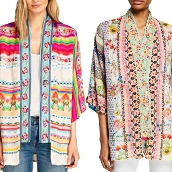 Johnny Was Maci Reversible Georgette Kimono Jacket Embroidered Trim Pink Size M