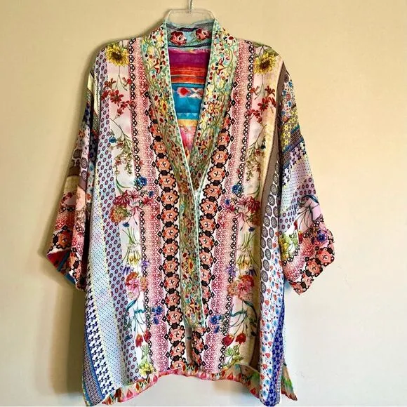 Johnny Was Maci Reversible Georgette Kimono Jacket Embroidered Trim Pink Size M