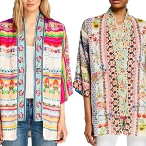Johnny Was Maci Reversible Georgette Kimono Jacket Embroidered Trim Pink Size M