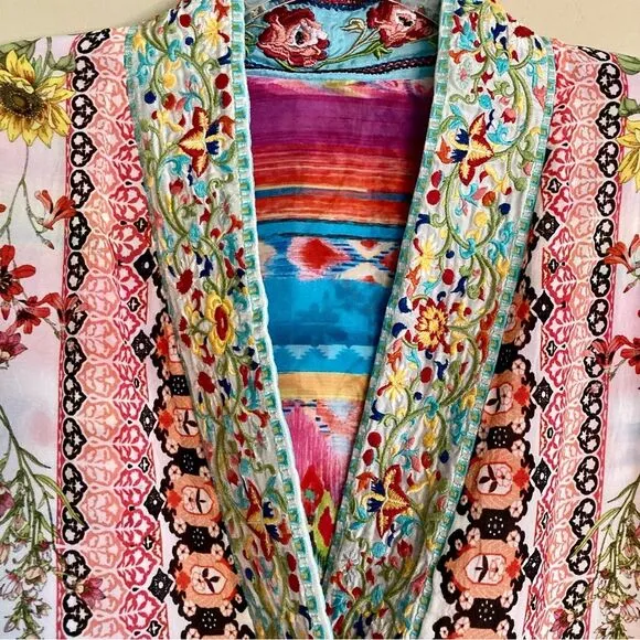 Johnny Was Maci Reversible Georgette Kimono Jacket Embroidered Trim Pink Size M