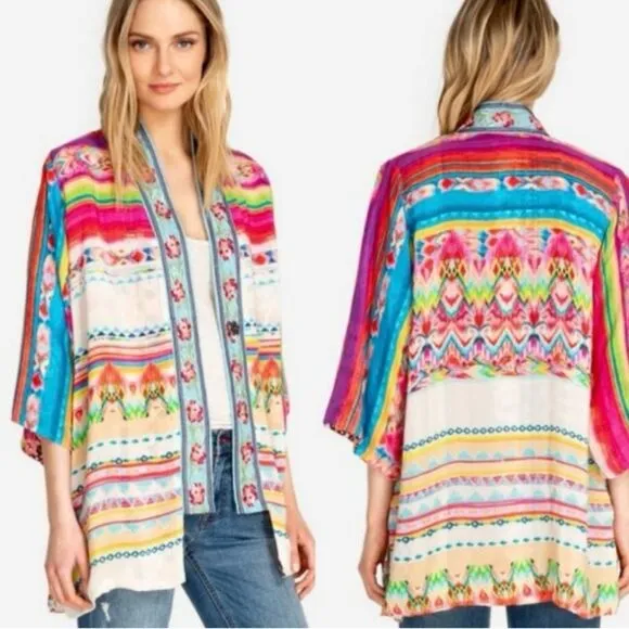 Johnny Was Maci Reversible Georgette Kimono Jacket Embroidered Trim Pink Size M