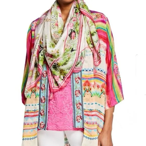 Johnny Was Maci Reversible Georgette Kimono Jacket Embroidered Trim Pink Size M