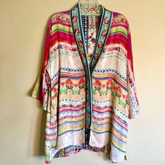 Johnny Was Maci Reversible Georgette Kimono Jacket Embroidered Trim Pink Size M