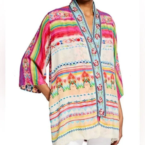 Johnny Was Maci Reversible Georgette Kimono Jacket Embroidered Trim Pink Size M