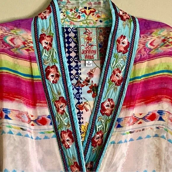 Johnny Was Maci Reversible Georgette Kimono Jacket Embroidered Trim Pink Size M