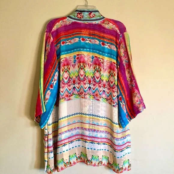 Johnny Was Maci Reversible Georgette Kimono Jacket Embroidered Trim Pink Size M