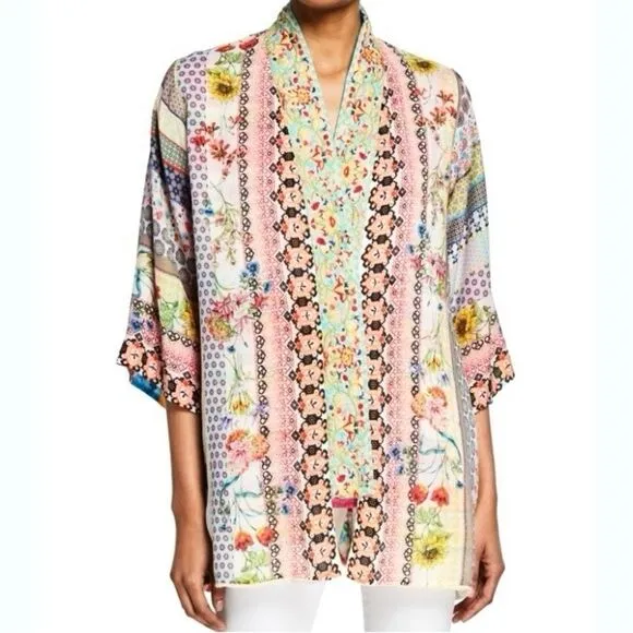 Johnny Was Maci Reversible Georgette Kimono Jacket Embroidered Trim Pink Size M