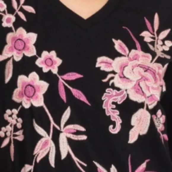 Johnny Was Trapunto V-neck A-line cotton knit dress w/bold floral embroidery-NWT