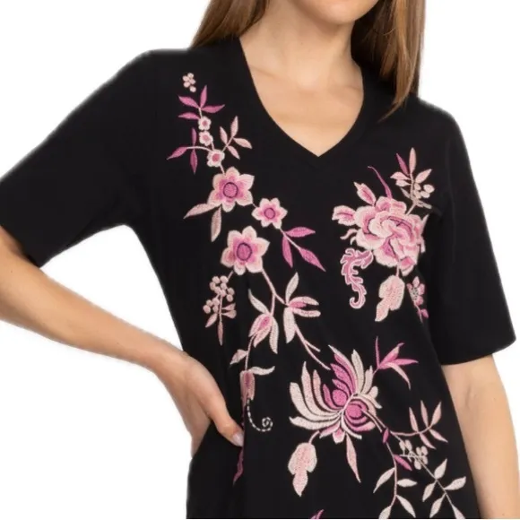 Johnny Was Trapunto V-neck A-line cotton knit dress w/bold floral embroidery-NWT