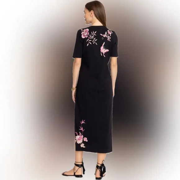 Johnny Was Trapunto V-neck A-line cotton knit dress w/bold floral embroidery-NWT