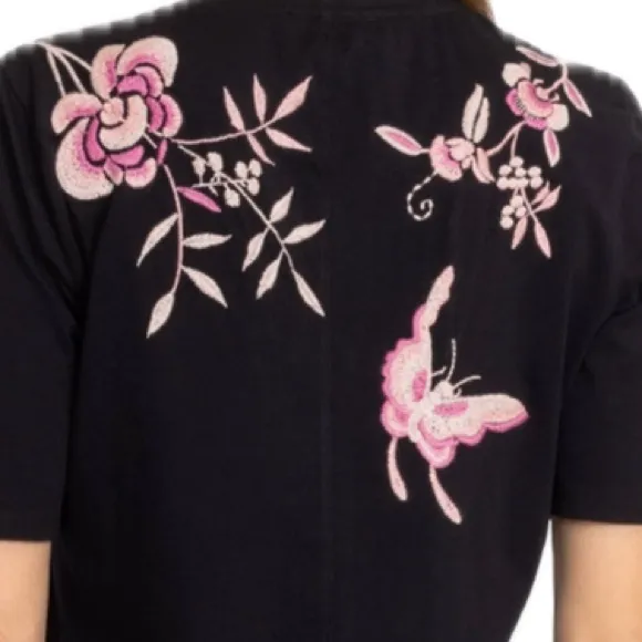 Johnny Was Trapunto V-neck A-line cotton knit dress w/bold floral embroidery-NWT