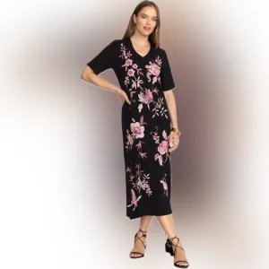 Johnny Was Trapunto V-neck A-line cotton knit dress w/bold floral embroidery-NWT