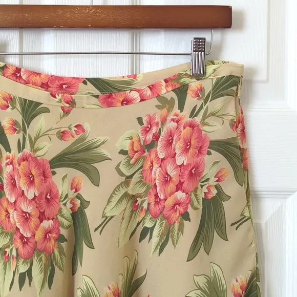 Jones New York Y2K Vintage Floral Silk High Waisted A-Line Maxi Skirt Tan 12