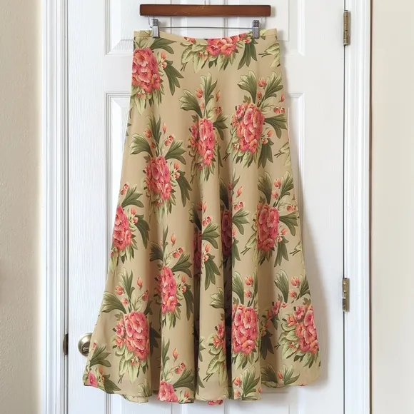 Jones New York Y2K Vintage Floral Silk High Waisted A-Line Maxi Skirt Tan 12