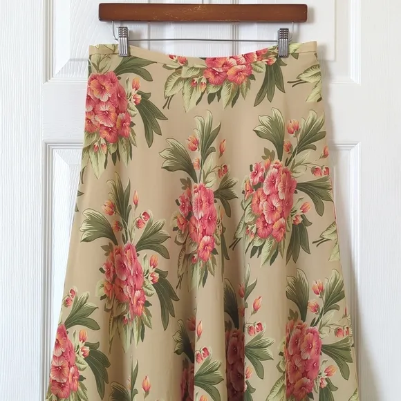 Jones New York Y2K Vintage Floral Silk High Waisted A-Line Maxi Skirt Tan 12