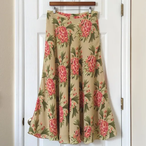 Jones New York Y2K Vintage Floral Silk High Waisted A-Line Maxi Skirt Tan 12