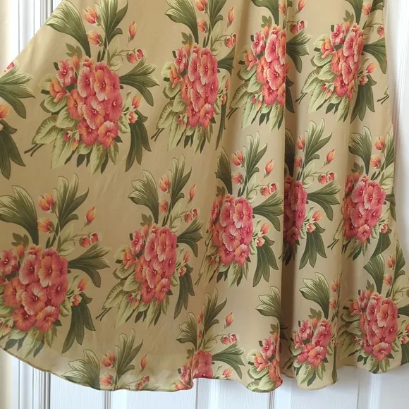 Jones New York Y2K Vintage Floral Silk High Waisted A-Line Maxi Skirt Tan 12