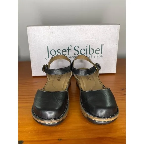 Josef Seibel Catalonia 61 Black Leather Mary Jane Sandals Adjustable Strap comfy