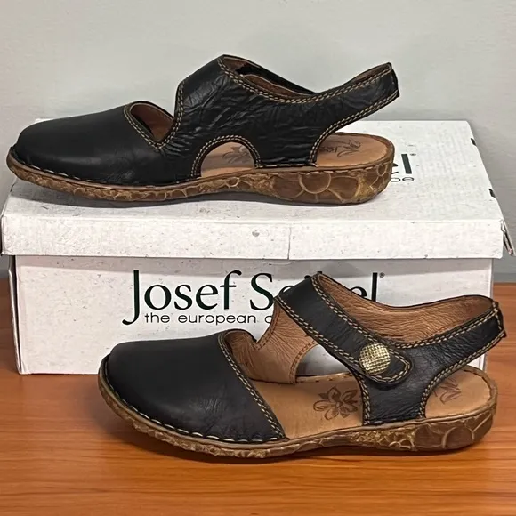 Josef Seibel Rosalie 27 Black Leather Adjustable Mary Jane Sandals Size 6-6.5