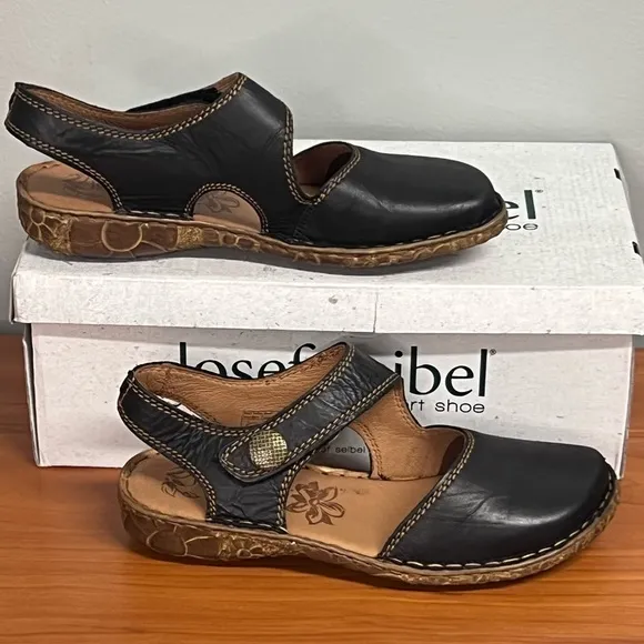 Josef Seibel Rosalie 27 Black Leather Adjustable Mary Jane Sandals Size 6-6.5