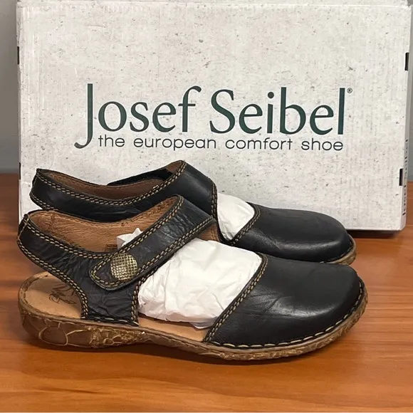 Josef Seibel Rosalie 27 Black Leather Adjustable Mary Jane Sandals Size 6-6.5