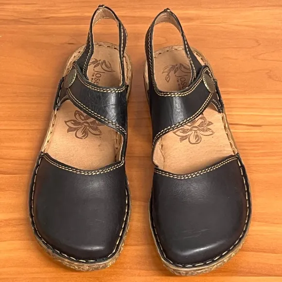 Josef Seibel Rosalie 27 Black Leather Adjustable Mary Jane Sandals Size 6-6.5