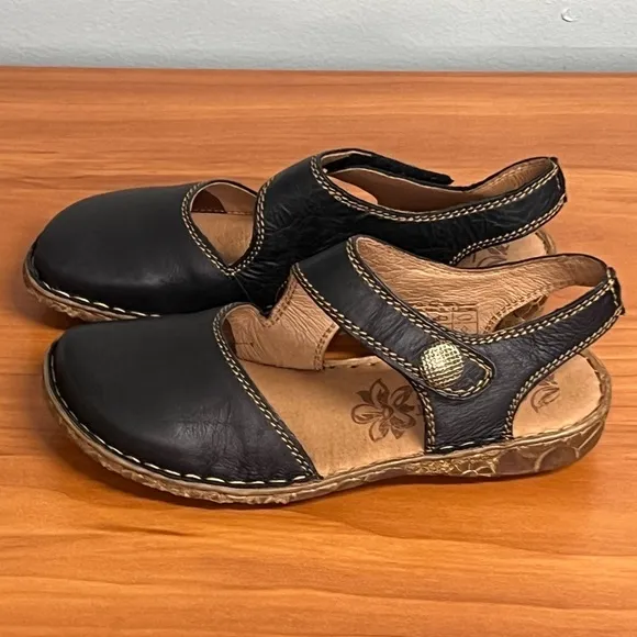 Josef Seibel Rosalie 27 Black Leather Adjustable Mary Jane Sandals Size 6-6.5