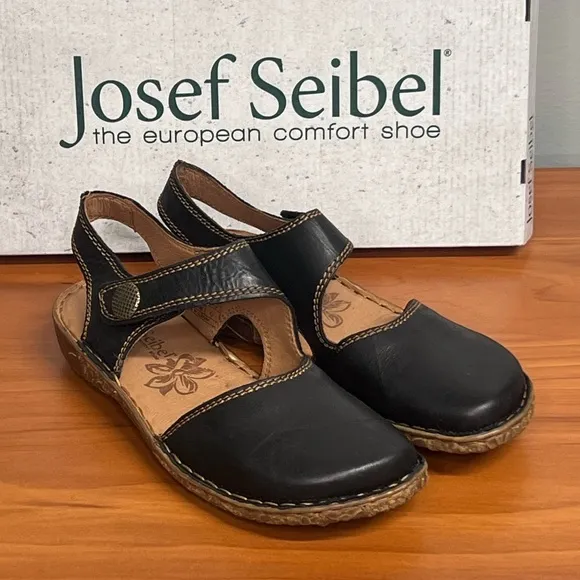 Josef Seibel Rosalie 27 Black Leather Adjustable Mary Jane Sandals Size 6-6.5