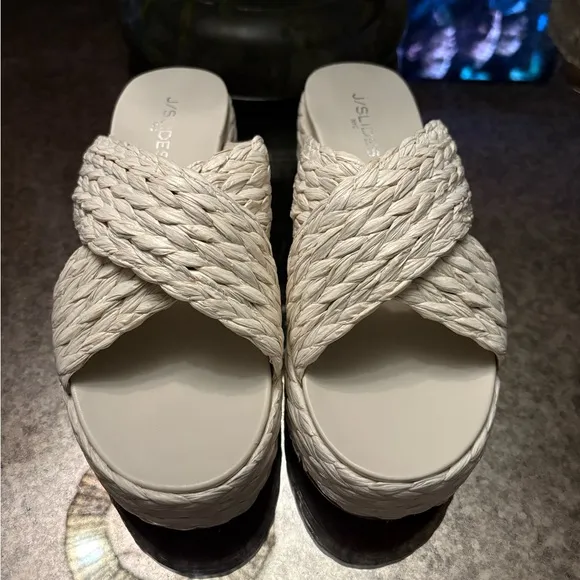 J/Slides QUIVER Bone Raffia Platform Sandals New